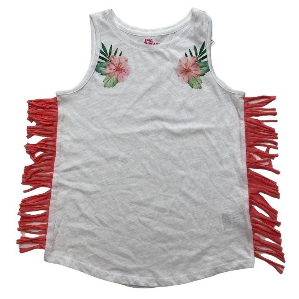 Girls Epic Threads White Coral Floral Tropical Sleeveless Fringe Top Large NEW